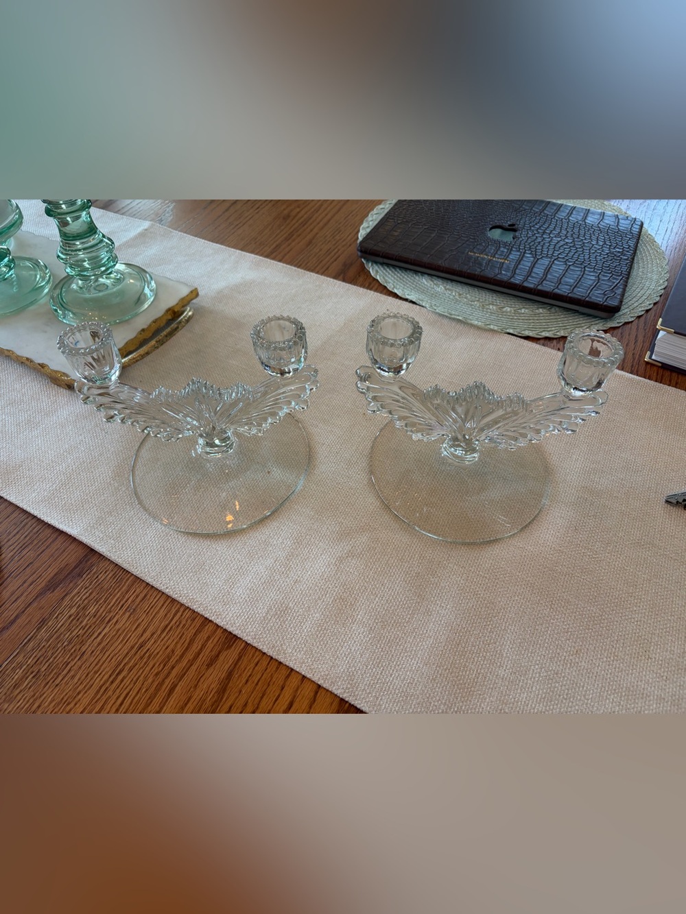 Clear Glass Leaf Candlestick Holders - Set of 2